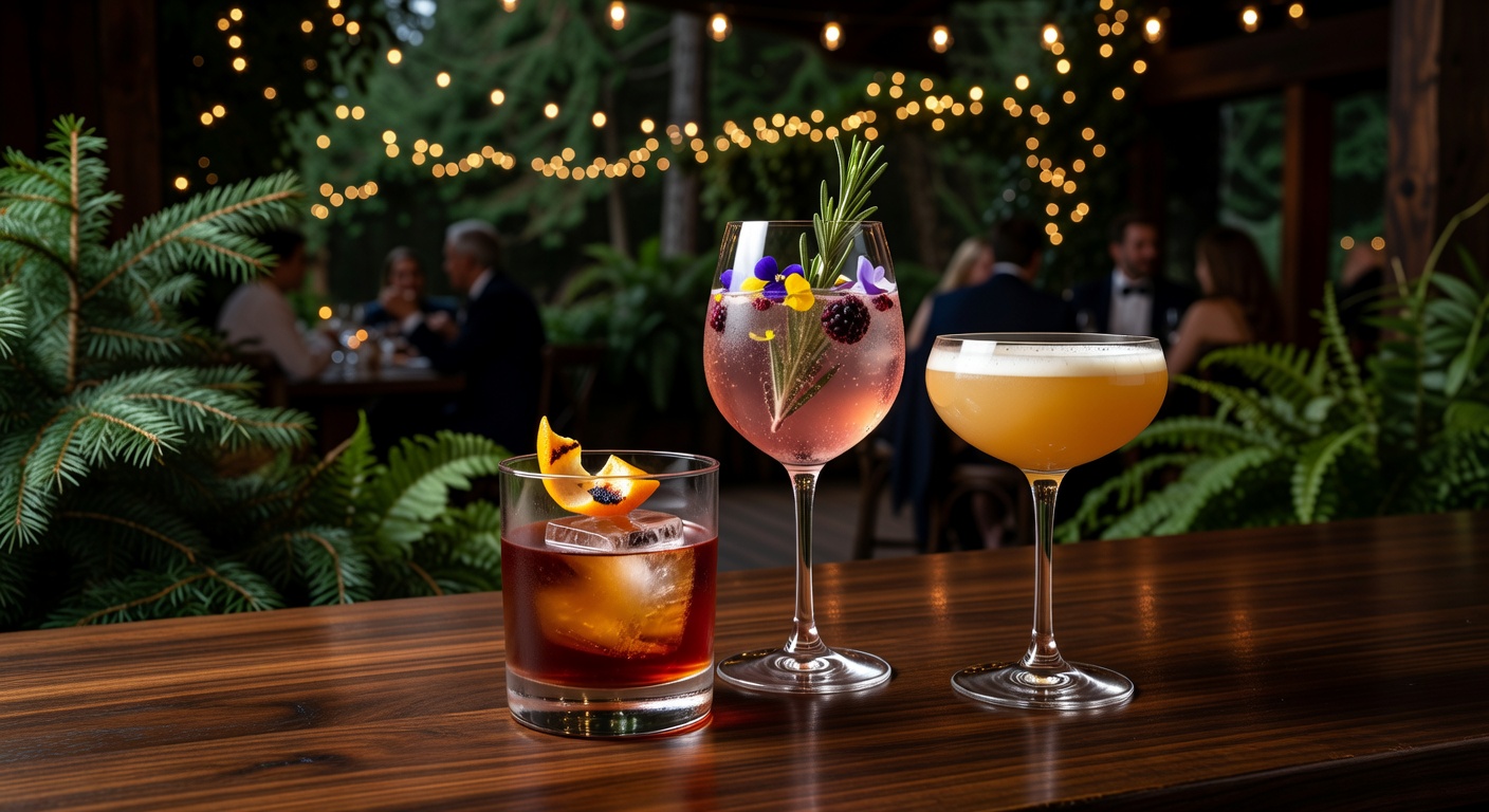 Three artfully crafted signature cocktails on a dark wood bar at a luxury Pacific Northwest wedding